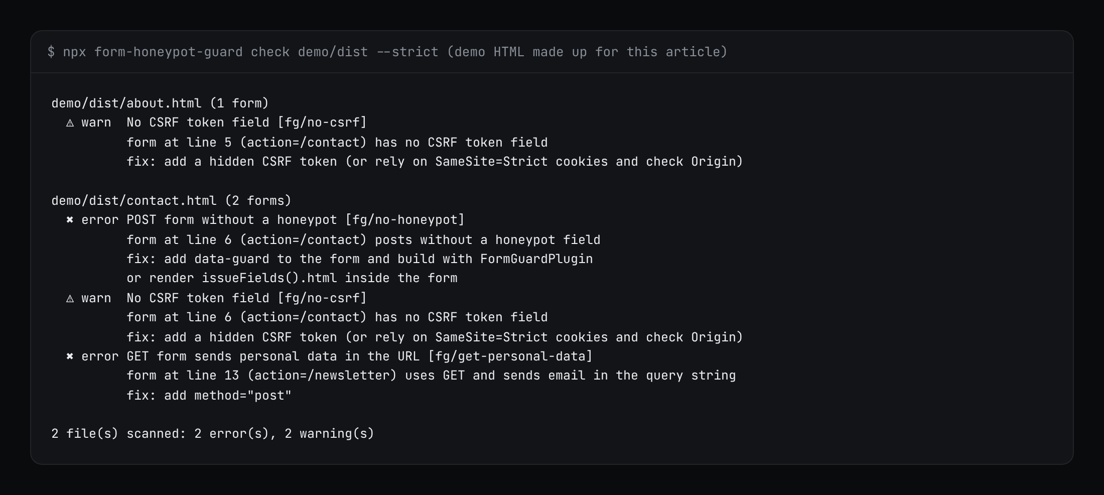 form-honeypot-guard check --strict on made-up demo HTML