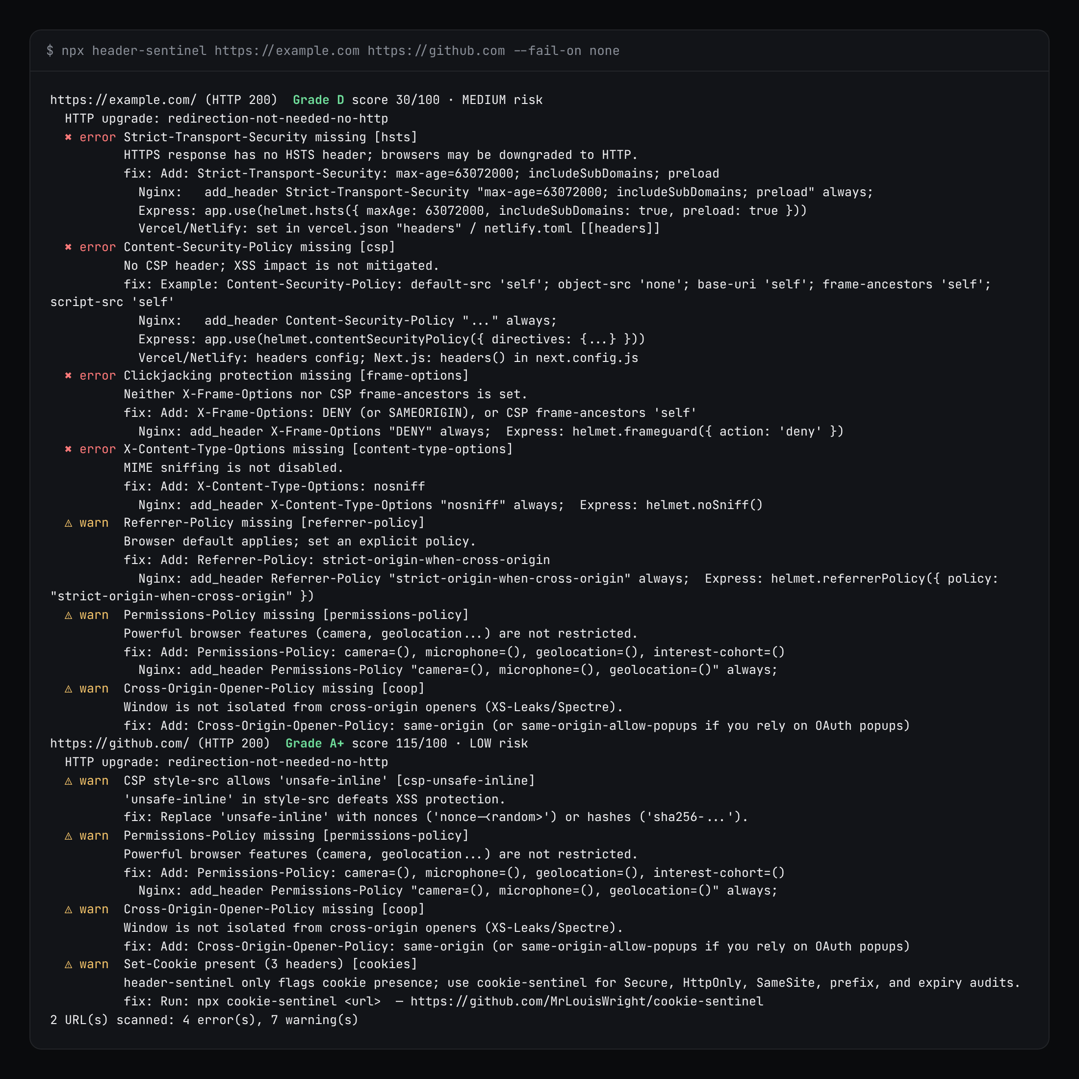 header-sentinel terminal output for example.com and github.com